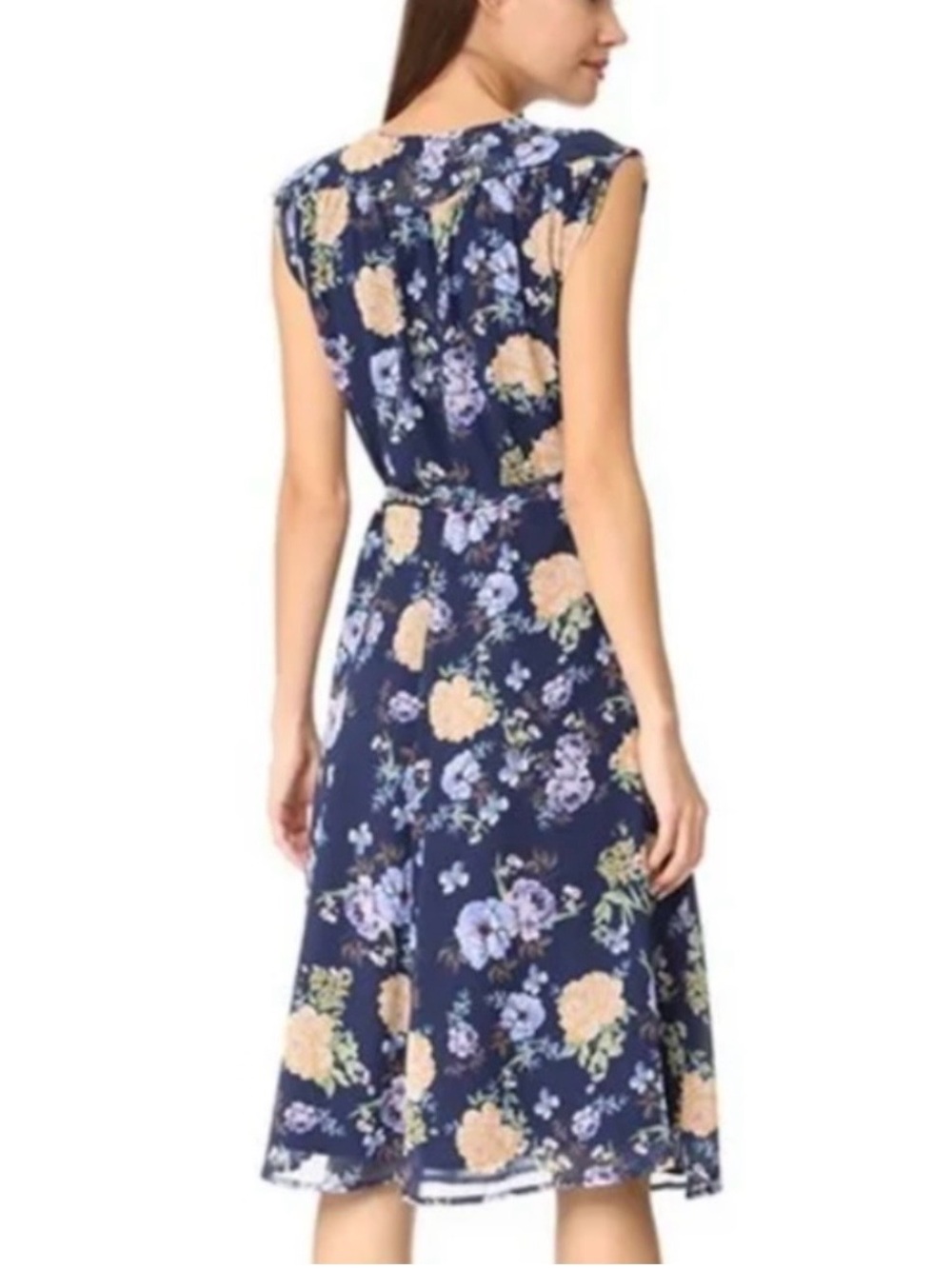 Yumi Kim Floral V-Neck Midi Dress in Navy with Peach Blooms - Picture 2 of 15